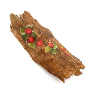 Hand Painted on Tree Bark Wood Strawberries Cottagecore Cottage Country Rustic